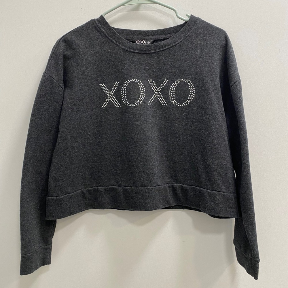 XOXO Sweatshirt Women S Gray Logo Cropped Rhinestone Long Sleeve Pullover Cotton